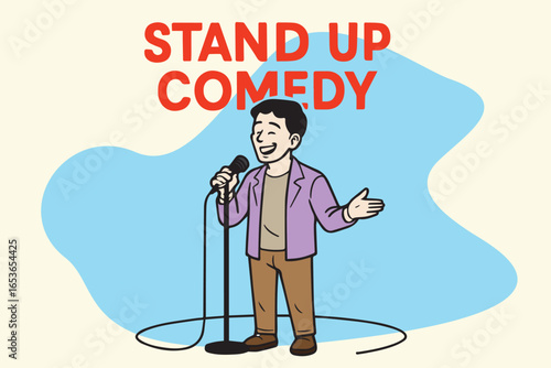 Vector illustration of a man performing stand up comedy on stage, designed in colorful tones, symbolizing humor, entertainment, creativity, and joyful atmosphere.