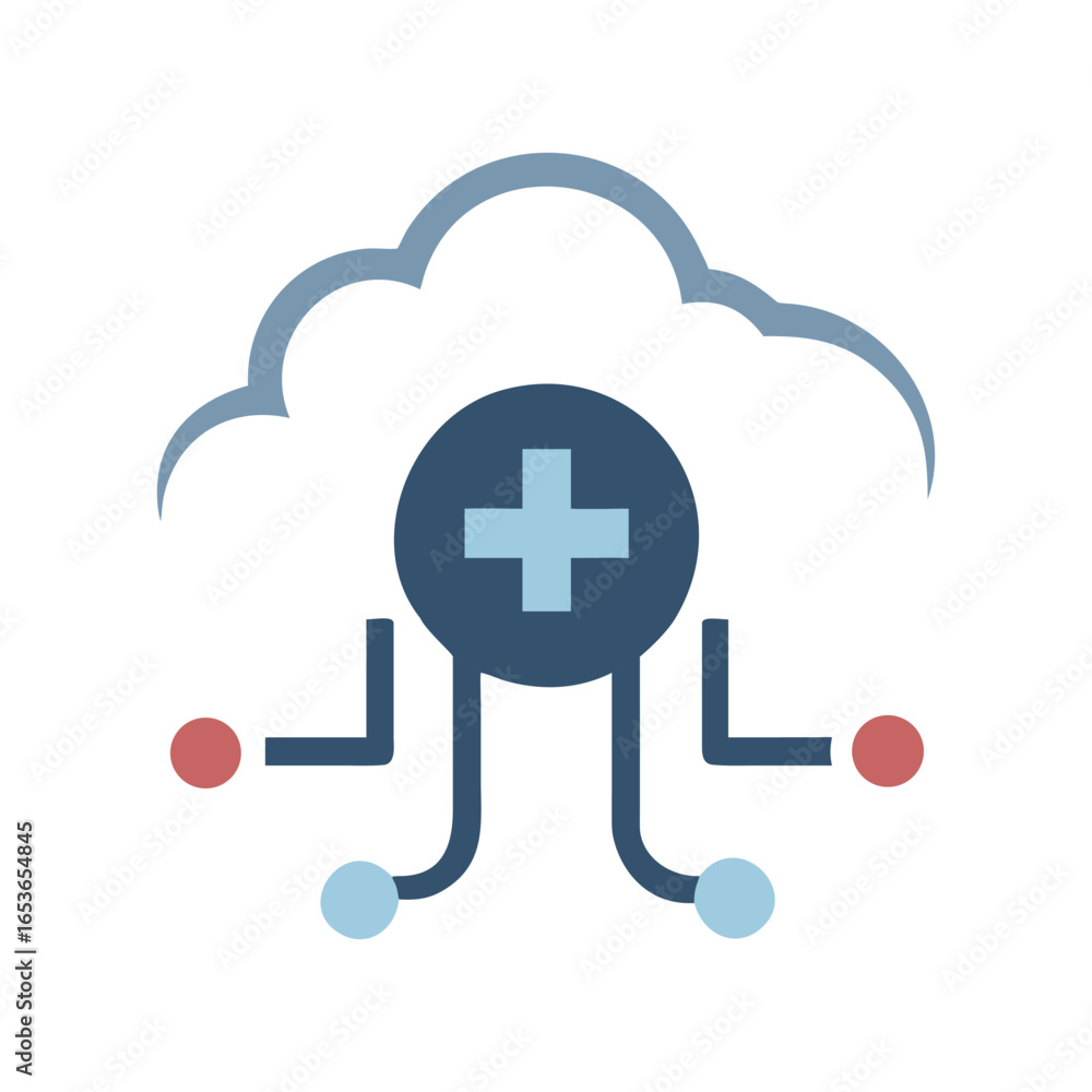 Fototapeta premium Cloud computing icon with medical cross and network nodes technology healthcare