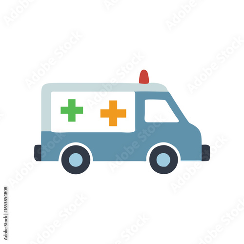 Cartoon ambulance with green and orange medical crosses on side emergency vehicle
