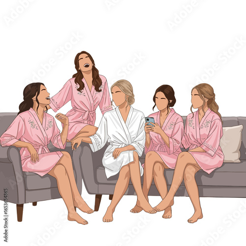 Bridesmaids share joyful moments before the wedding, laughing and connecting on a modern couch, creating memories to last a lifetime in stylish robes