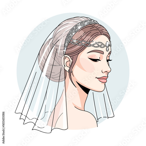Elegant bride wearing a sparkling tiara and veil, exuding timeless beauty and grace, perfect for wedding invitations, bridal campaigns, or romantic designs, originally a vector graphic