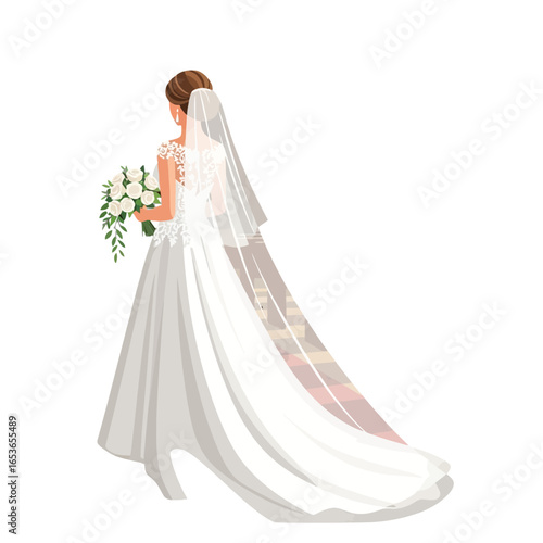 Elegant bride in gorgeous white gown holding bouquet, ready to walk down the aisle on her special day, celebrating romance and commitment, vector art
