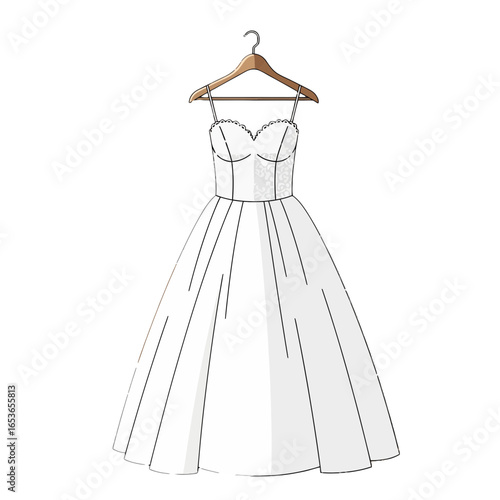Elegant wedding dress hanging on wooden hanger, a timeless symbol of love and commitment, perfect for bridal boutiques, wedding planners, and fashion designers