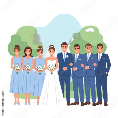 Joyful wedding party portrait with bride, bridesmaids in elegant blue dresses, and groomsmen in stylish suits, celebrating love and happiness in a serene outdoor setting
