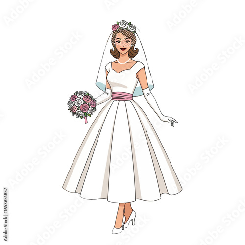 Radiant retro bride in elegant white dress, bouquet in hand, ready for her happily ever after – perfect for vintage weddings and romantic celebrations of love today
