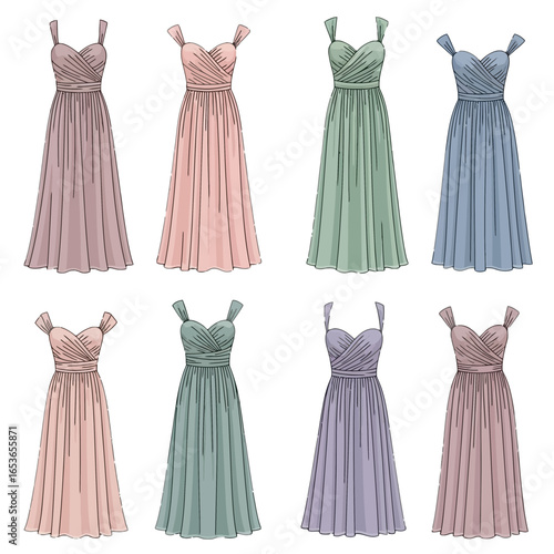 Elegant collection of long evening dresses in pastel hues perfect for bridesmaids or prom, featuring a flowing design that embodies grace and style, vector-based