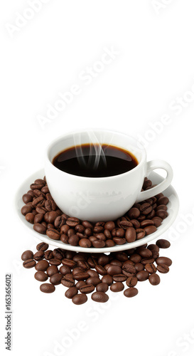 White coffee cup filled with hot coffee and surrounded by coffee beans isolated on transparent background