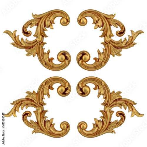 Ornate golden scrollwork embellishments isolated on transparent background