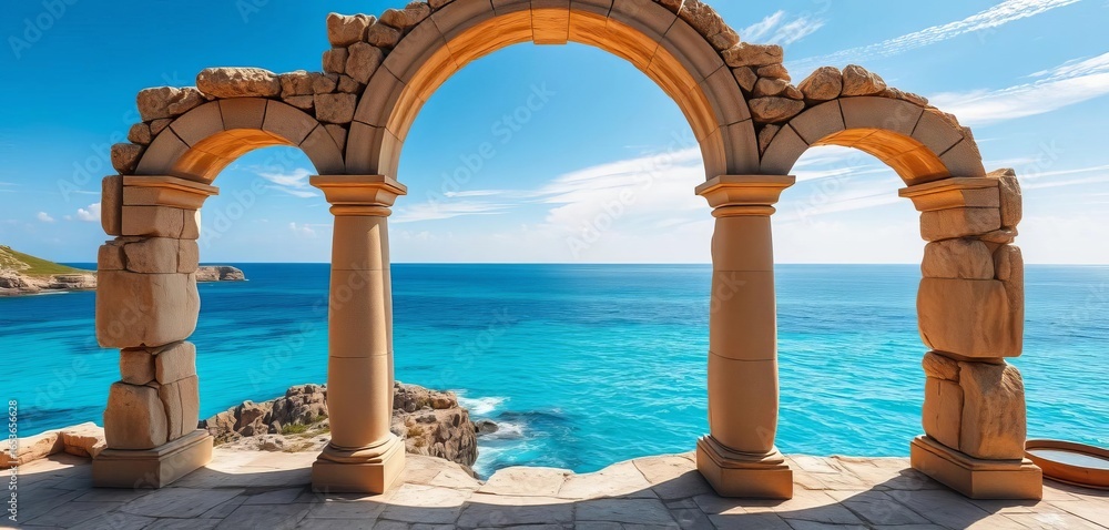 Fototapeta premium Ancient stone archway frames breathtaking seascape wallpaper, view, texture