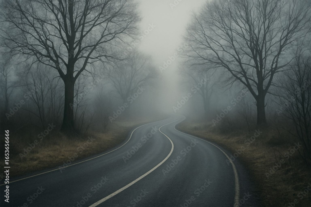 Fototapeta premium Misty road through bare trees on a gloomy overcast day