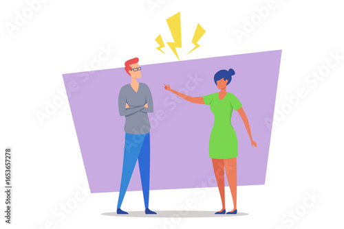 Man with glasses standing with his arms crossed, while woman in green dress pointing at him. Disagreement, tension in relationship concept