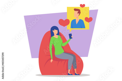 Couple connecting through digital chat while one partner relaxing in comfortable chair. Love icons surrounding their conversation, highlighting their affection during cozy time together