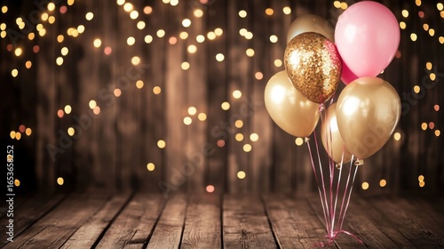 Birthday balloons on rustic wooden floor with bokeh lights