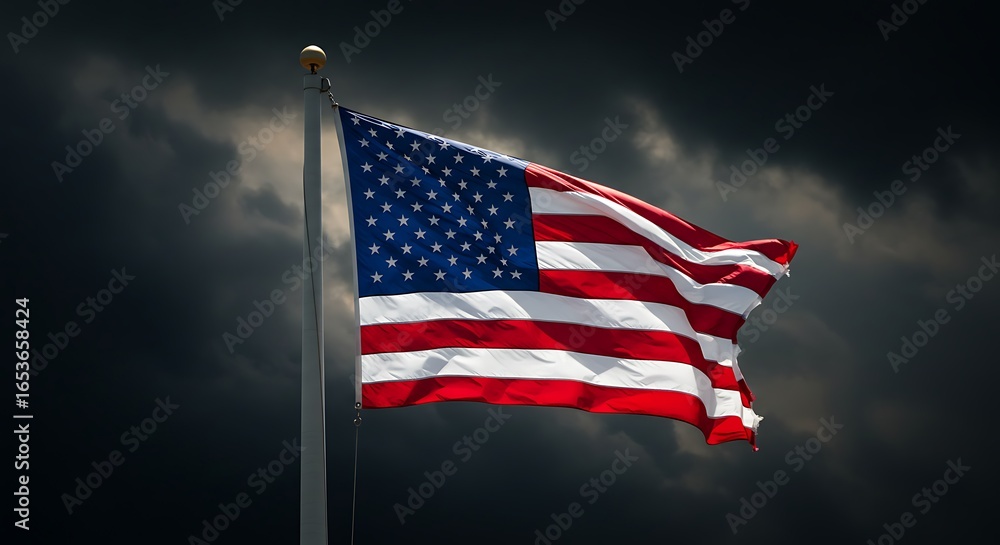 Obraz premium American Flag Flying in Dark Sky Storm with Dramatic Clouds