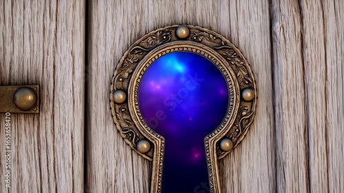Wallpaper Mural Mysterious Ornate Keyhole Reveals Cosmic Nebula Portal on Ancient Wooden Door Torontodigital.ca