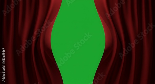 Elegant Red Curtain with Green Fabric Centerpiece for Stage or Performance Backdrop