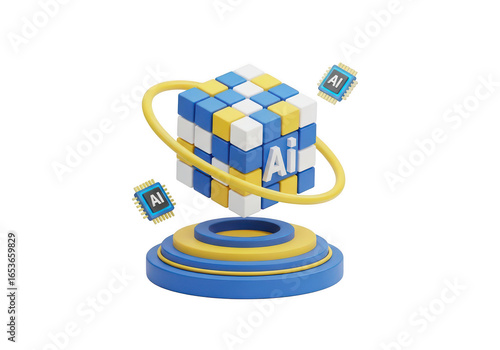 Abstract 3d cube with yellow ring and blue base isolated on transparent background