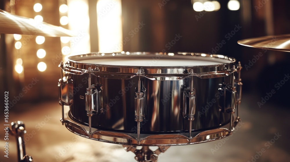 Obraz premium Black drum in industrial setting with illuminated background