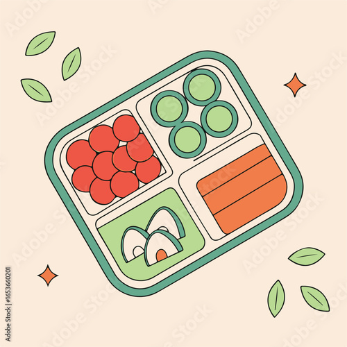 Whimsical bento box filled with healthy and colorful foods featuring cute cartoon eyes on rice