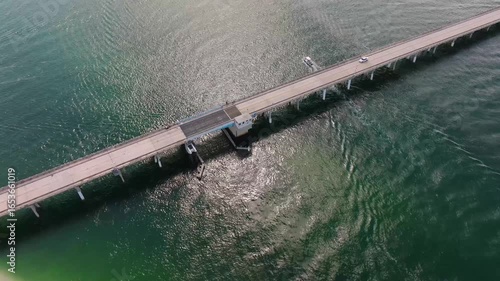 Aerial view of the Long Boat Pass Bridge between Anna Maria Island and Long Boat Key on Florida's gulf coast.