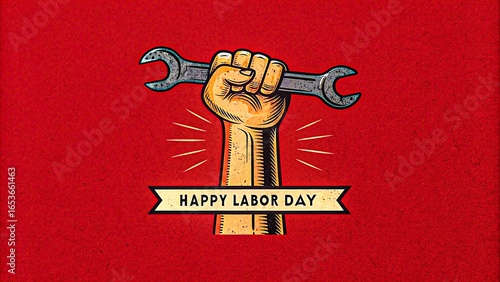 Vintage raised fist holding wrench on red background with Happy Labor Day banner, symbolizing worker strength and labor union solidarity
