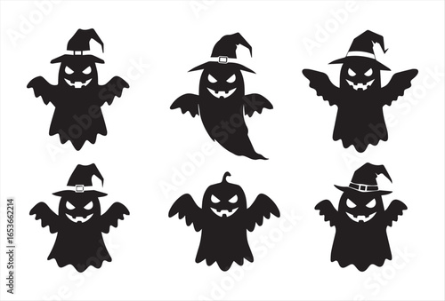 Halloween icon set featuring spooky ghost silhouettes with evil faces, fangs, wings, and witch hats. Perfect for decorations, posters, invitations, and horror designs.