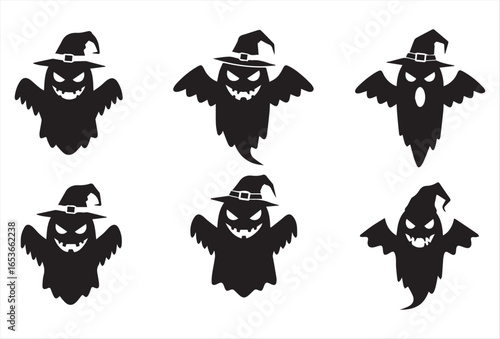 Halloween icon set featuring spooky ghost silhouettes with evil faces, fangs, wings, and witch hats. Perfect for decorations, posters, invitations, and horror designs.