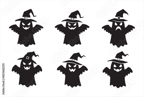 Halloween icon set featuring spooky ghost silhouettes with evil faces, fangs, wings, and witch hats. Perfect for decorations, posters, invitations, and horror designs.