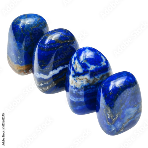 Four polished lapis lazuli gemstones on transparent background