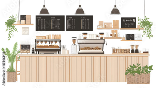 Cozy coffee shop counter urban setting digital illustration modern design front view