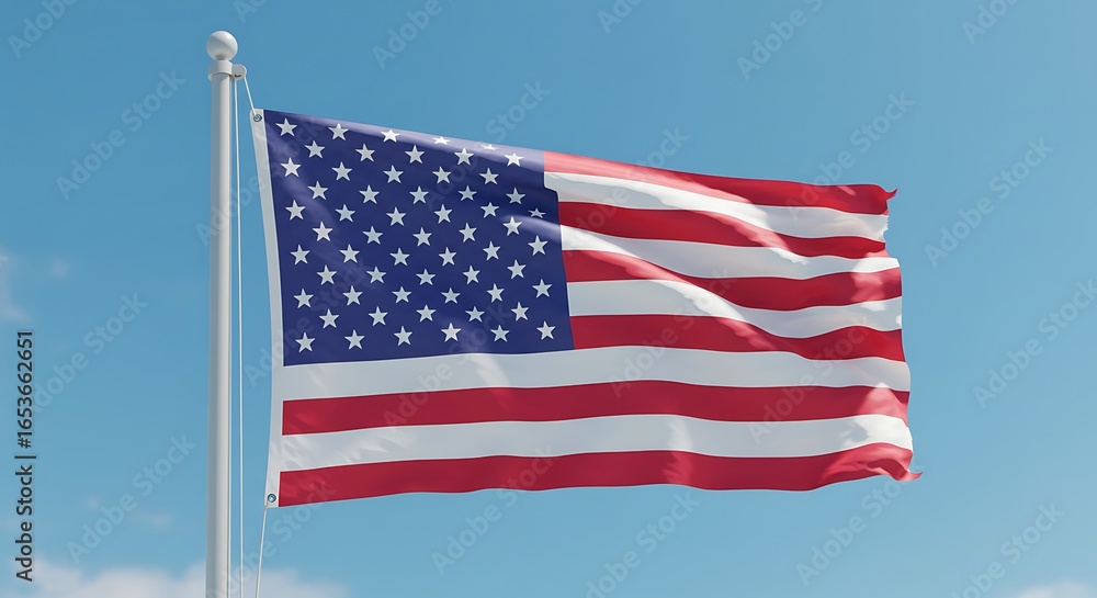 Fototapeta premium American Flag Waving in Clear Blue Sky for Patriotic or National Celebration
