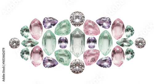 Collection of colorful faceted gemstones arranged in an oval pattern isolated on transparent background