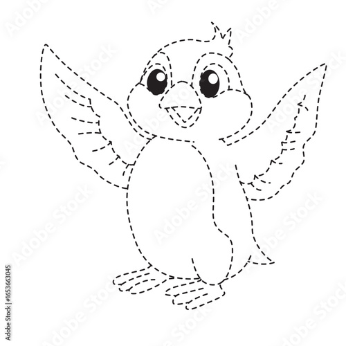 Cartoon bird dotted outline drawing, educational tracing illustration for kids coloring, learning, fun creativity, and simple early art activity.
