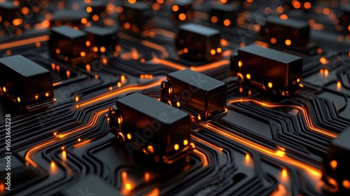 Digital trucks on an illuminated circuit board simulating data or supply chain movement with glowing orange paths