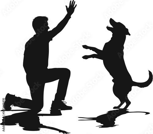Dog training silhouette, man with pet, human animal bond, obedience practice, playful dog illustration, friendship, loyalty, trainer, companion, vector