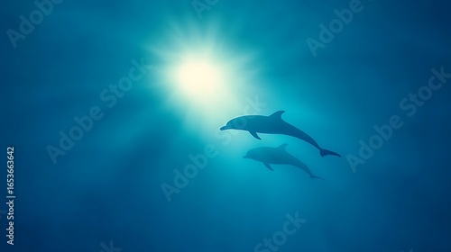 Two dolphins swim upwards towards sunbeams in deep blue ocean