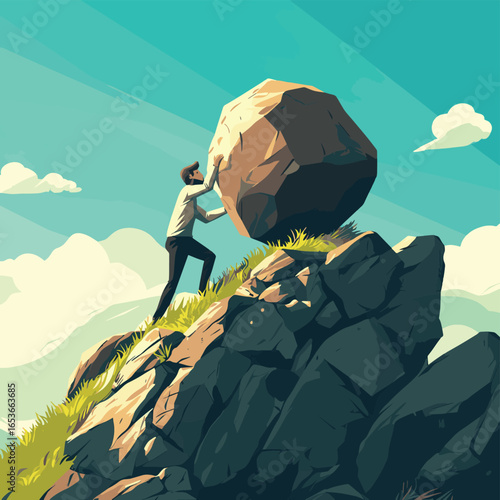 Businessman pushing giant boulder uphill on grassy slope effort persistence challenge success concept vector illustration, vector style simple color