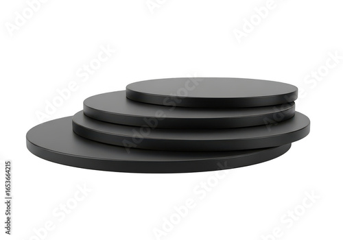 Stack of dark grey circular objects with textured edges isolated on transparent background