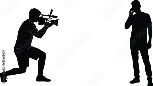 Silhouette cameraman filming man talking on phone, media production, journalism, recording, communication, technology, documentary, filming scene, vector illustration