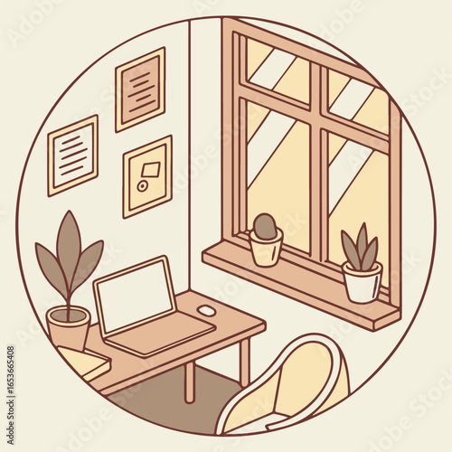 Cozy isometric illustration of a home office with a laptop plants and a window view evoking a peaceful work environment