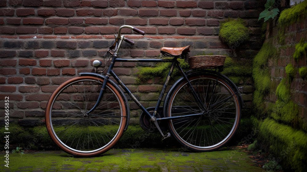 Fototapeta premium Vintage bicycle against brick wall, sunlight creating crisp outlines, aged metal and leather details in focus, rustic city charm
