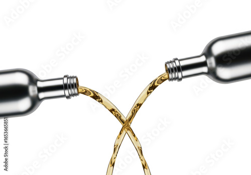 Two metal bottles pouring liquid crossing each other isolated on transparent background