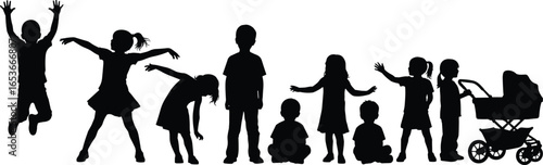 Silhouette of children playing, jumping, dancing, standing, sitting, and pushing stroller, group of kids in action poses, childhood fun