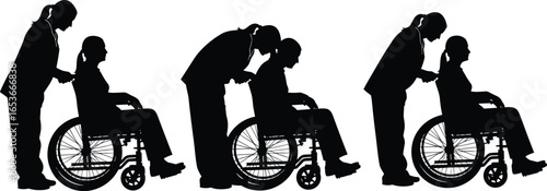 Silhouette of caregiver assisting patient in wheelchair, medical support, rehabilitation therapy, healthcare service, disability care, compassion, nursing, community help