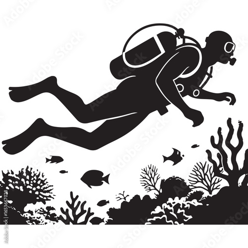 : A sleek black silhouette of a scuba diver with smooth curves and aquatic details. 