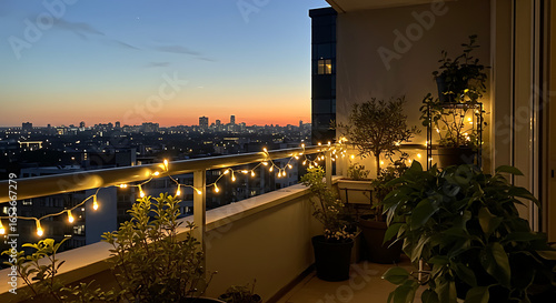 Modern city apartment balcony with cozy string lights and potted plants, offering a scenic view of the urban landscape at sunset.