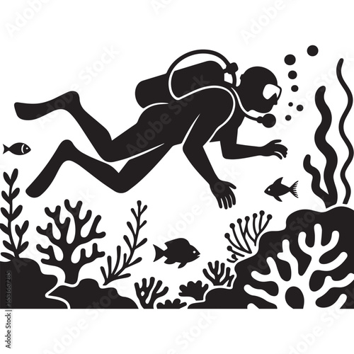 : A sleek black silhouette of a scuba diver with smooth curves and aquatic details. 