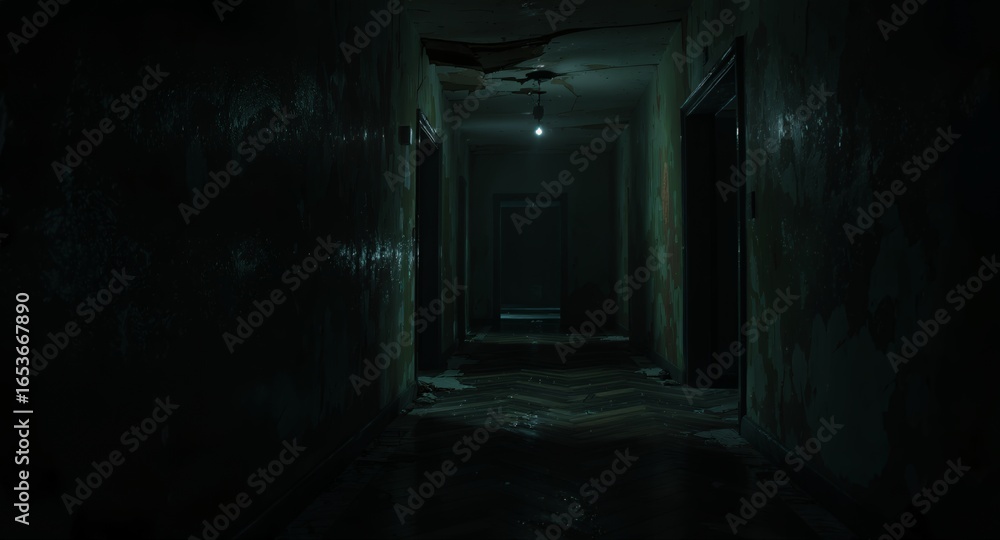 Fototapeta premium Dark Hallway, Dimly Lit, Abandoned Building
