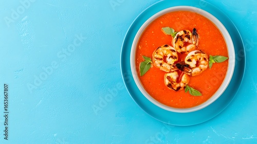 Gourmet tomato soup with grilled shrimp and fresh basil