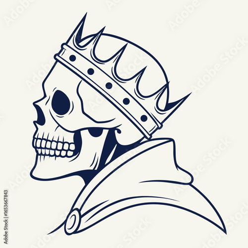 A line art illustration of a human skull in profile, adorned with a royal crown and a cloak.